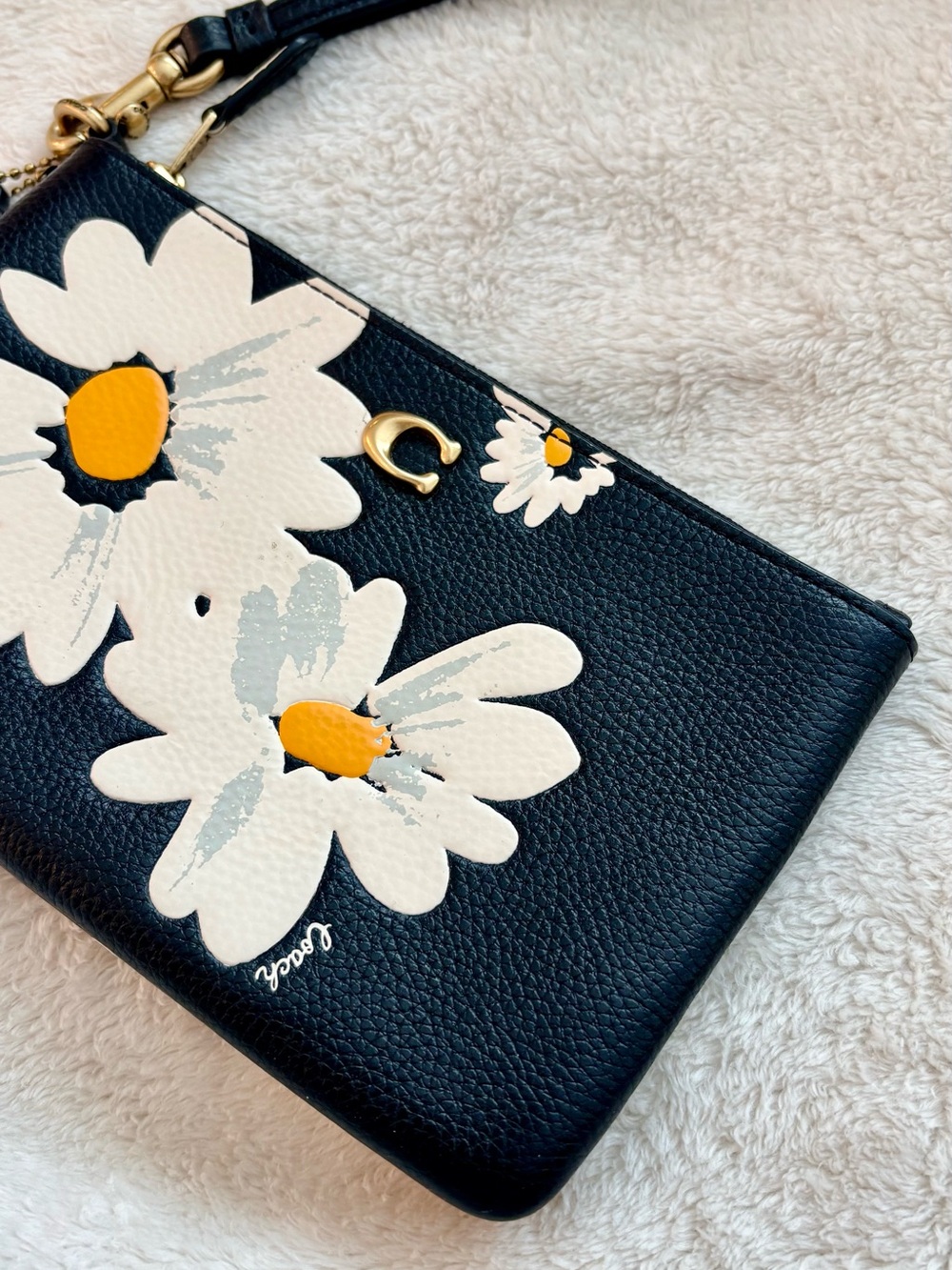 Coach Black Floral Daisy Wristlet with White & Yellow Accents - Picture 3 of 4
